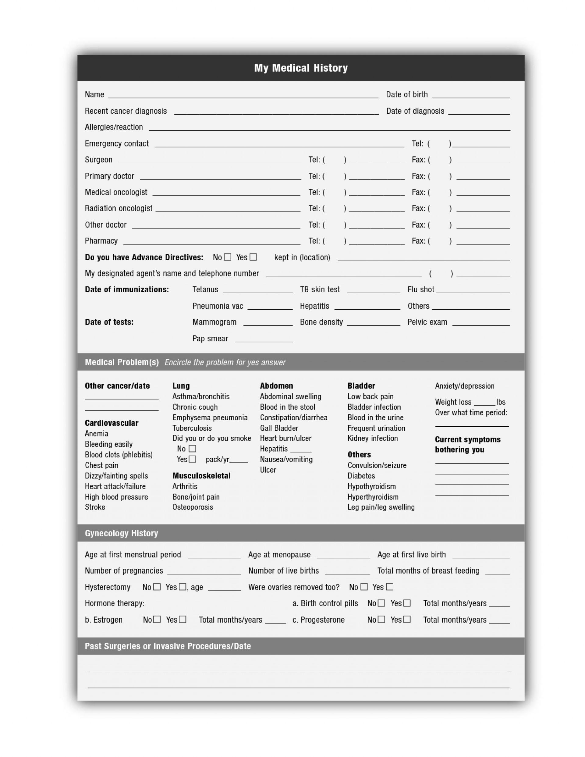 Free Printable Personal Medical History Forms Free Printable