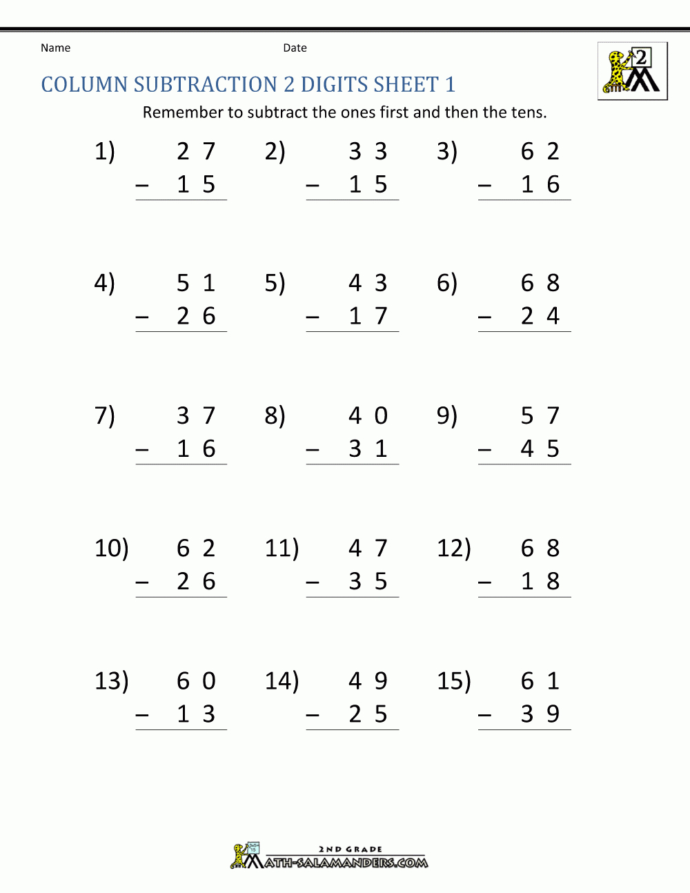 Free Printable 2 Digit Subtraction Worksheets For 2nd Grade