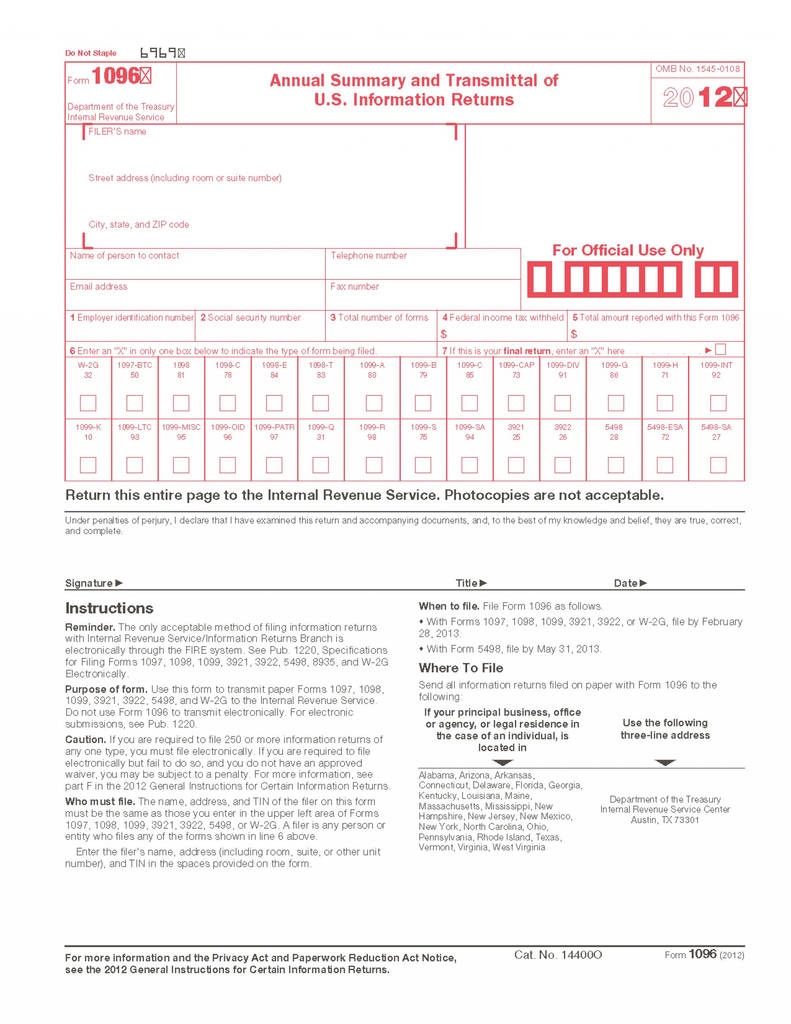 Free Printable 1096 Form 2015 | Free Printable