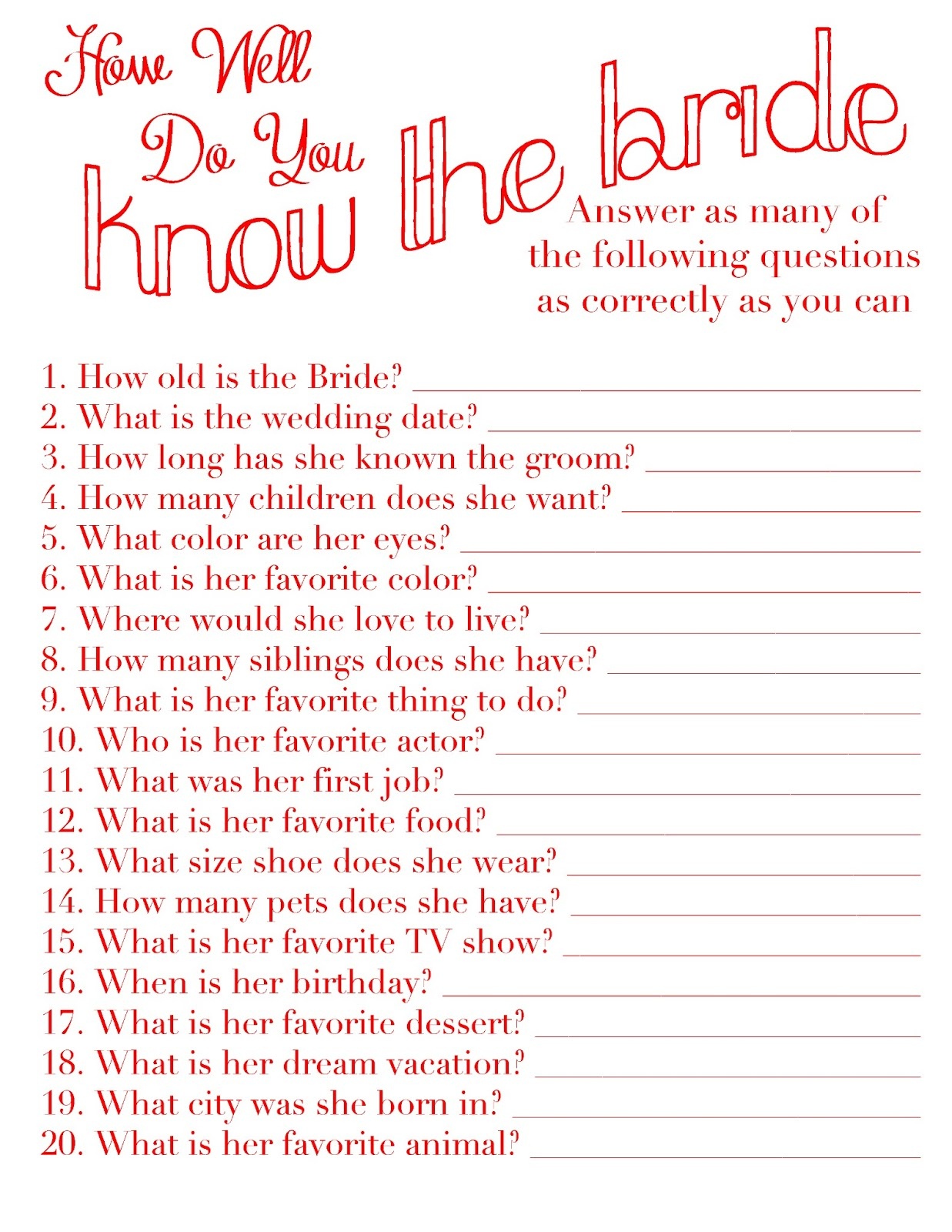 24 Personalized Famous Couples Bridal Shower Game Via Etsy. Free - How Well Does The Bride Know The Groom Free Printable
