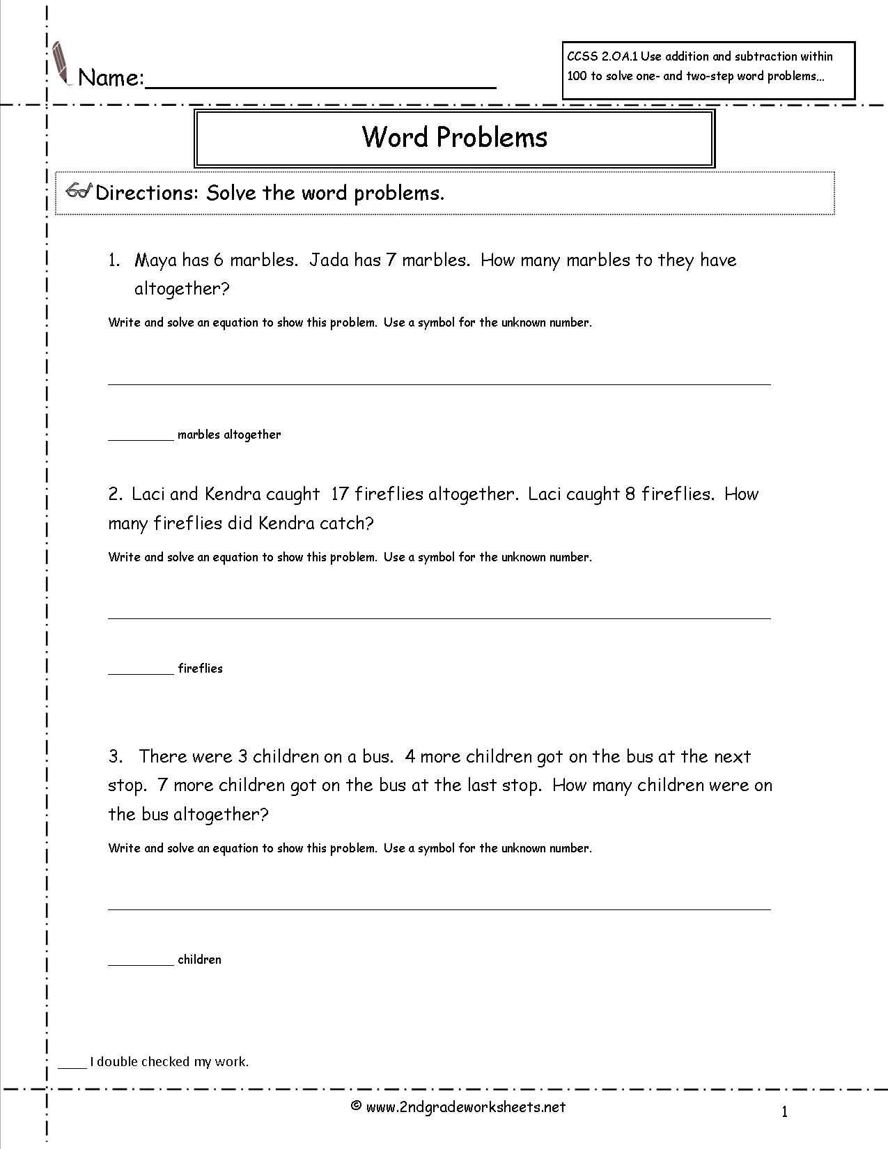 2Nd Grade Math Common Core State Standards Worksheets - Free Printable Word Problems 2Nd Grade