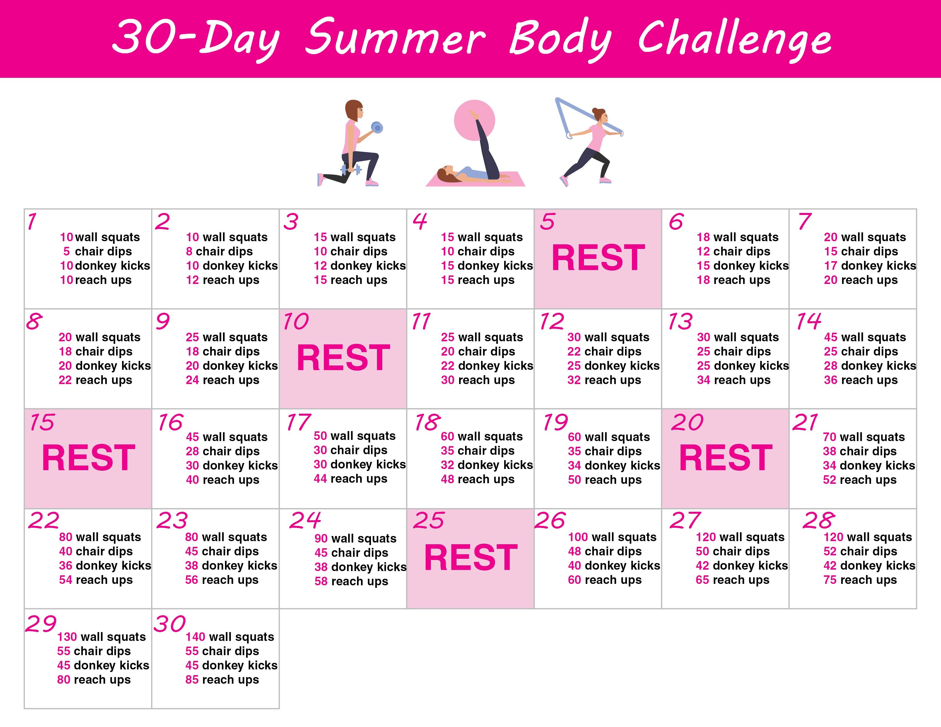 30 Day Summer Body Challenge + Free Printable Workout Schedule - Free Printable Workout Plans