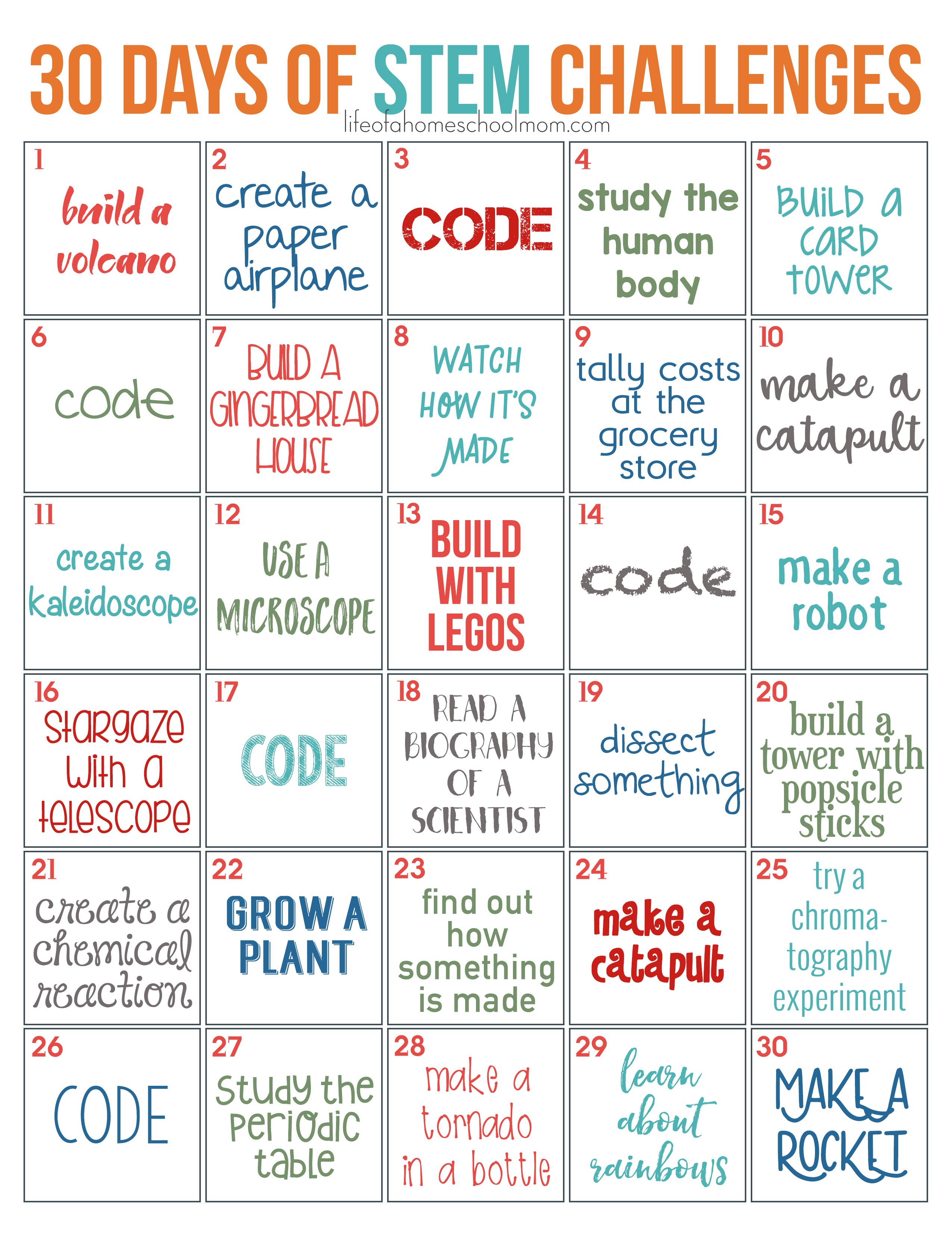 30 Days Of Stem Challenges - Free Printable! - Life Of A Homeschool Mom - Free Printable Stem Activities