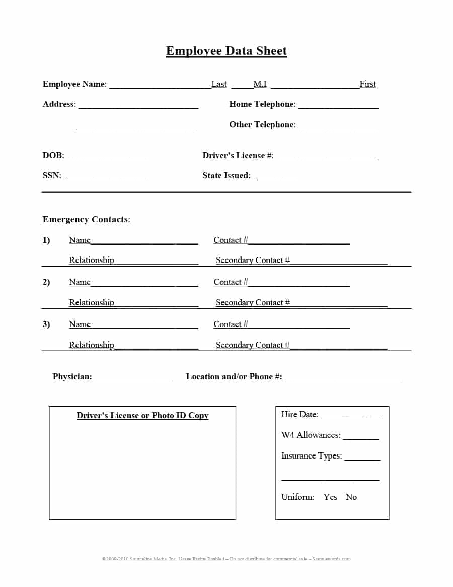 47 Printable Employee Information Forms Personnel Information Sheets Free Printable Data 4347