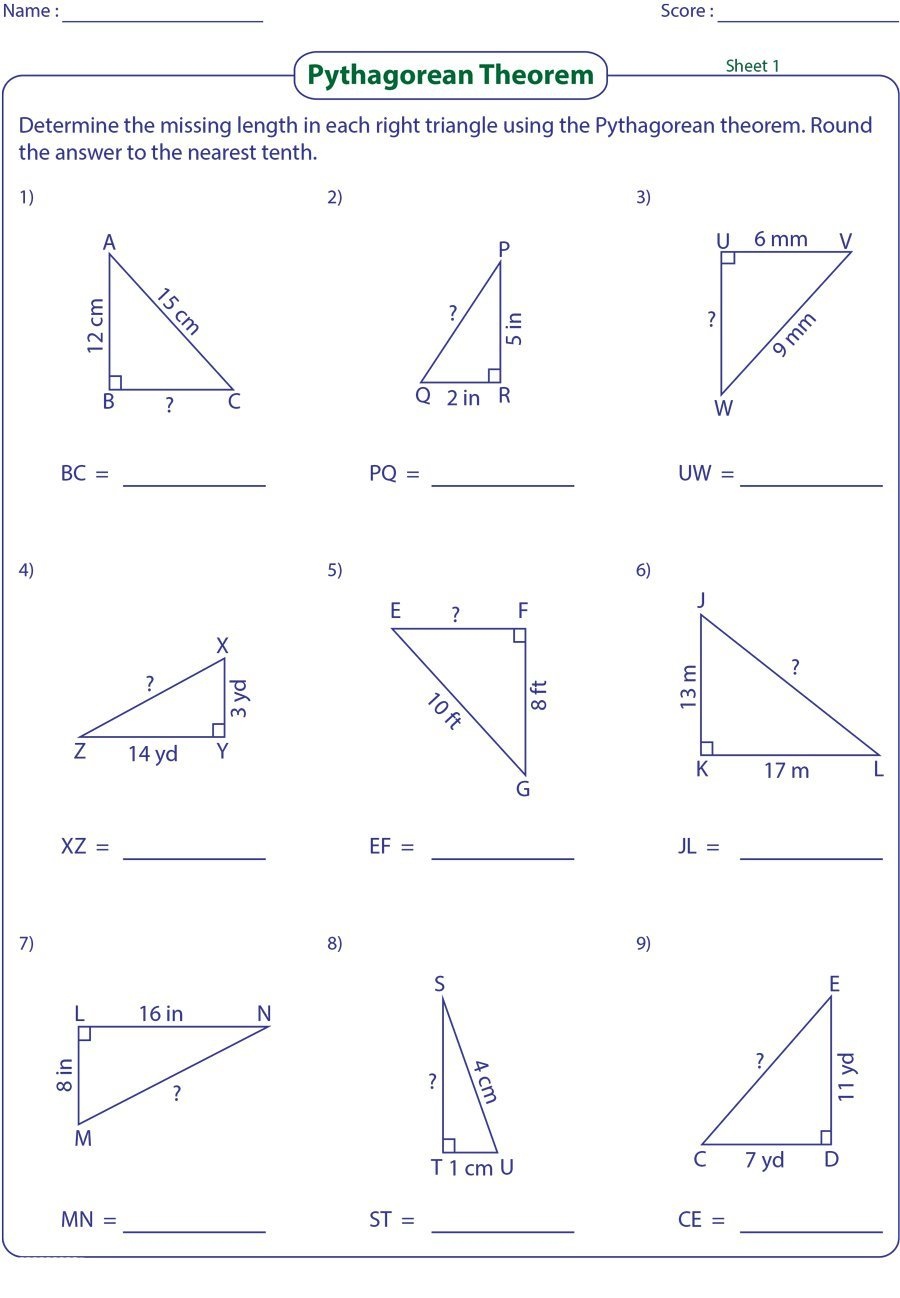 Pythagorean Theorem Worksheet With Answers