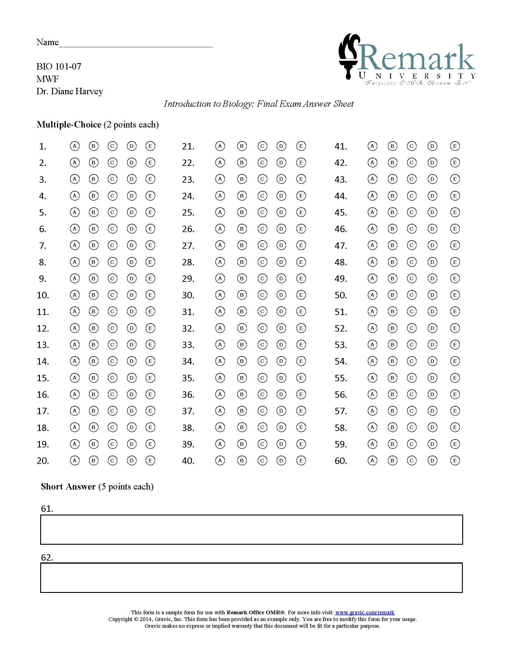 60 Question Test Answer Sheet · Remark Software - Free Printable Bubble Answer Sheets