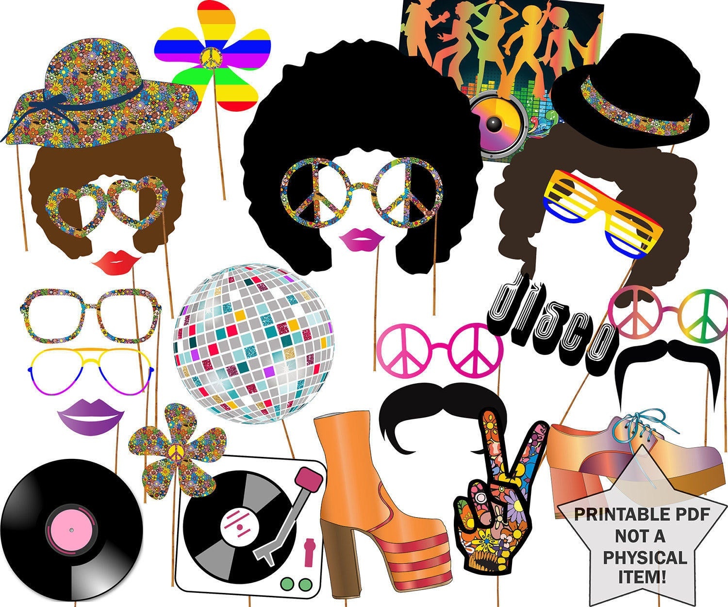 70S Party Photo Booth Props: Disco Party Props | Etsy - Free Printable 70&amp;amp;#039;s Photo Booth Props
