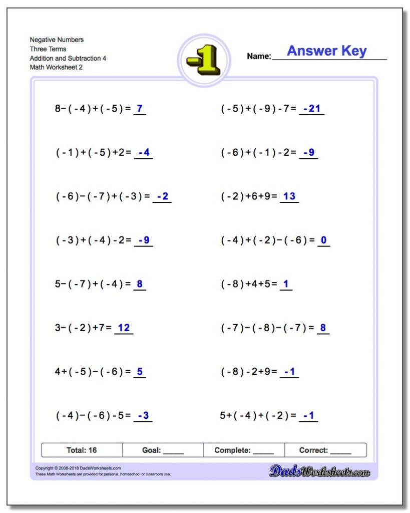Adding And Subtracting Negative Numbers Worksheets - Free Printable