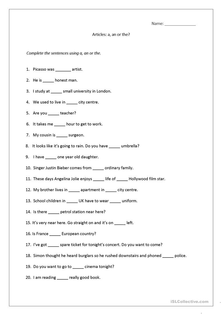 Articles Worksheet (A, An, The) Includes Answers. Worksheet - Free - Free Printable Grammar Worksheets For Highschool Students