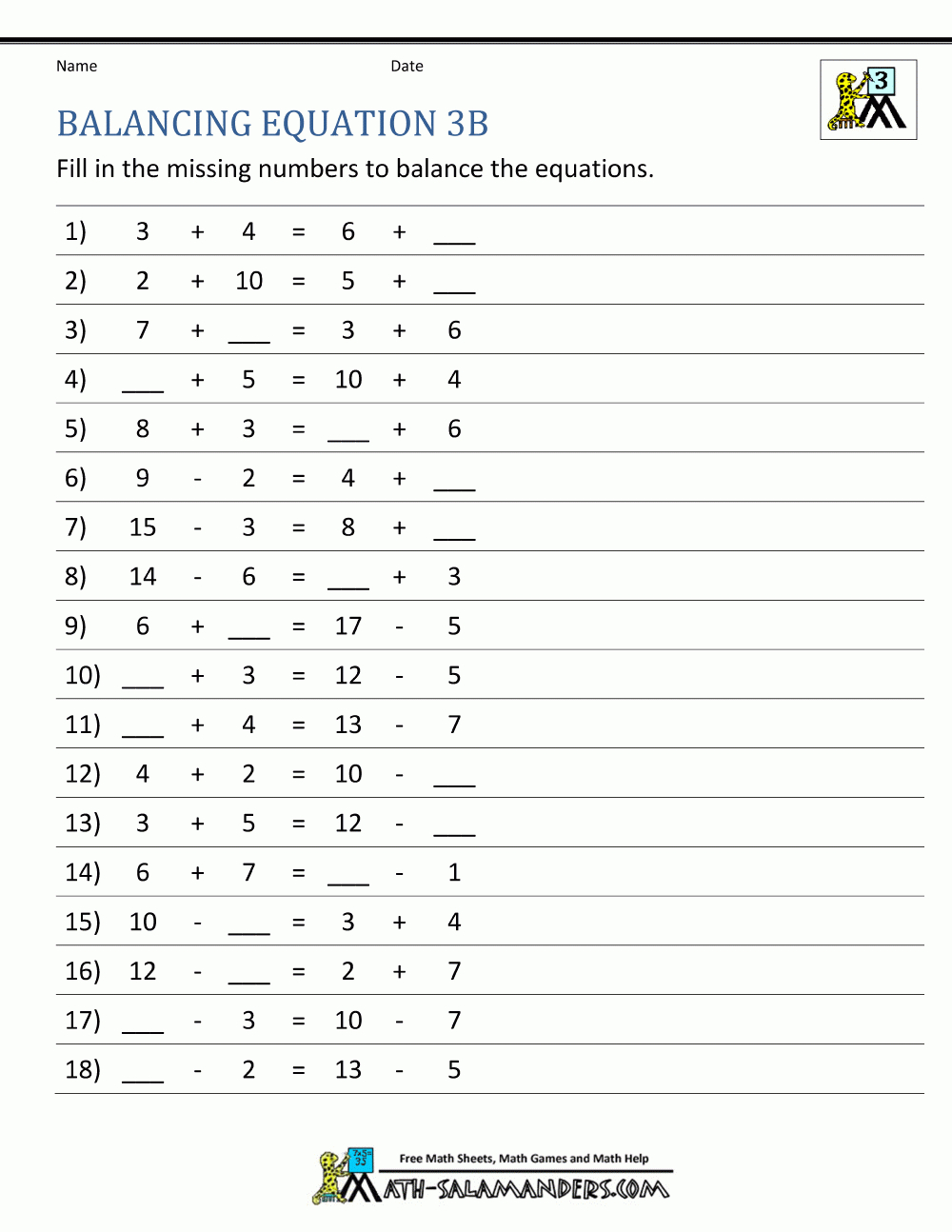 Balancing Math Equations - Free Printable Algebra Worksheets Grade 6