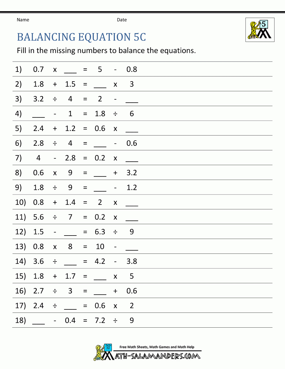 Balancing Math Equations - Free Printable Algebra Worksheets With Answers