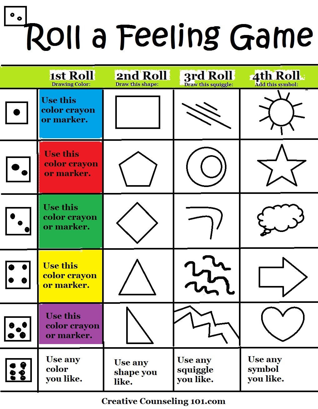 Beyond Art Therapy Roll-A-Feelings Game - Free Printable Therapy Worksheets