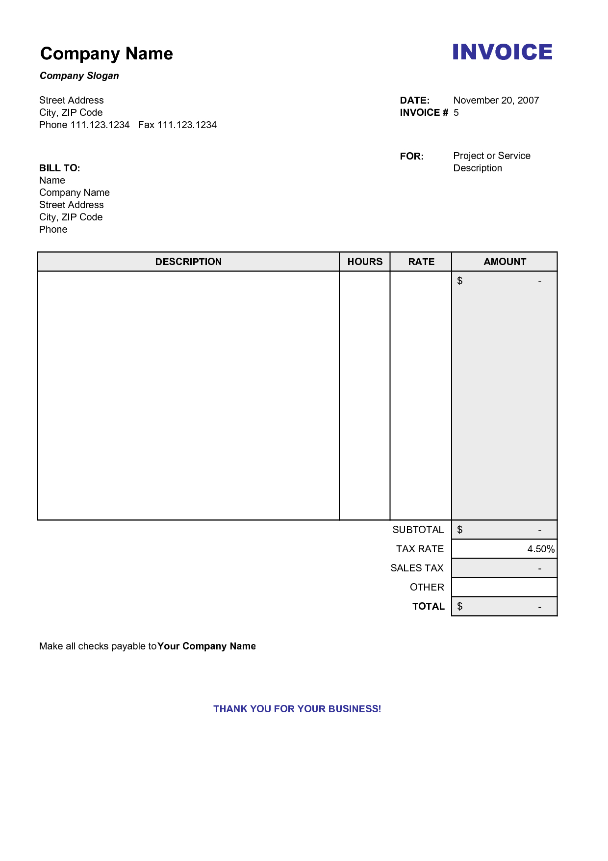 Blank Billing Invoice | Scope Of Work Template | Organization - Free Printable Invoice Templates