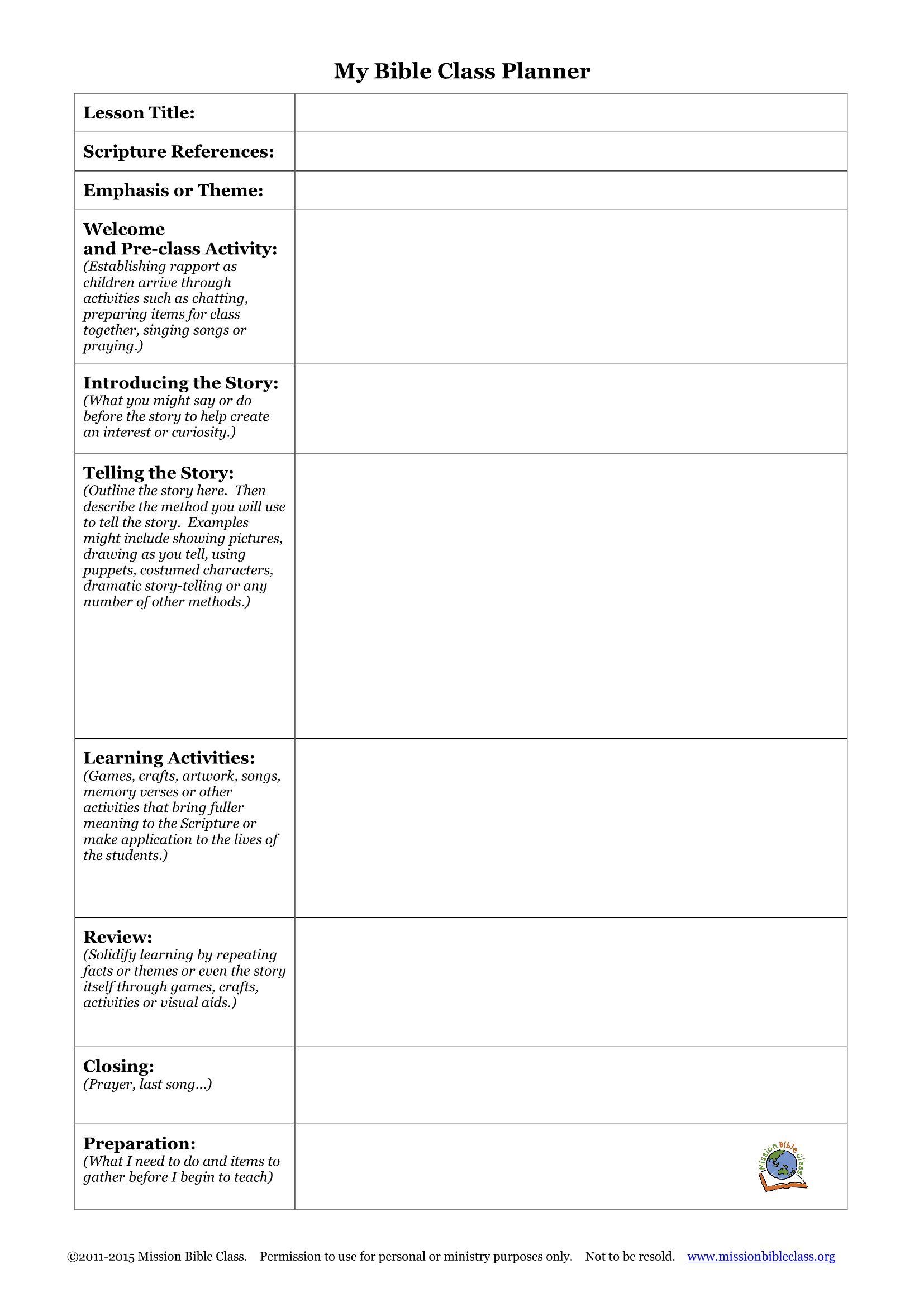 Blank Lesson Plan Templates To Print – Mission Bible Class - Free Printable Bible Stories For Youth