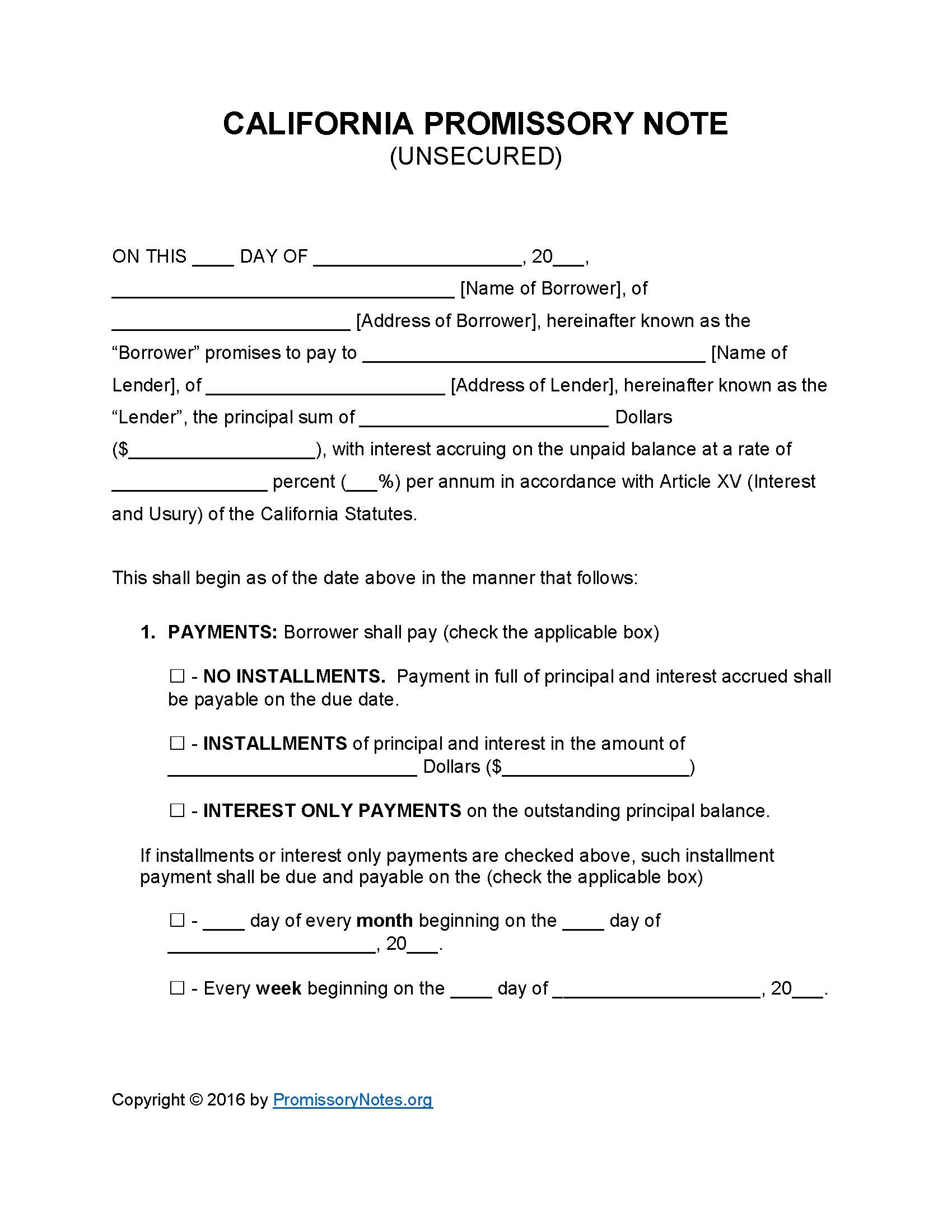 California Unsecured Promissory Note Template - Promissory Notes - Free Promissory Note Printable Form