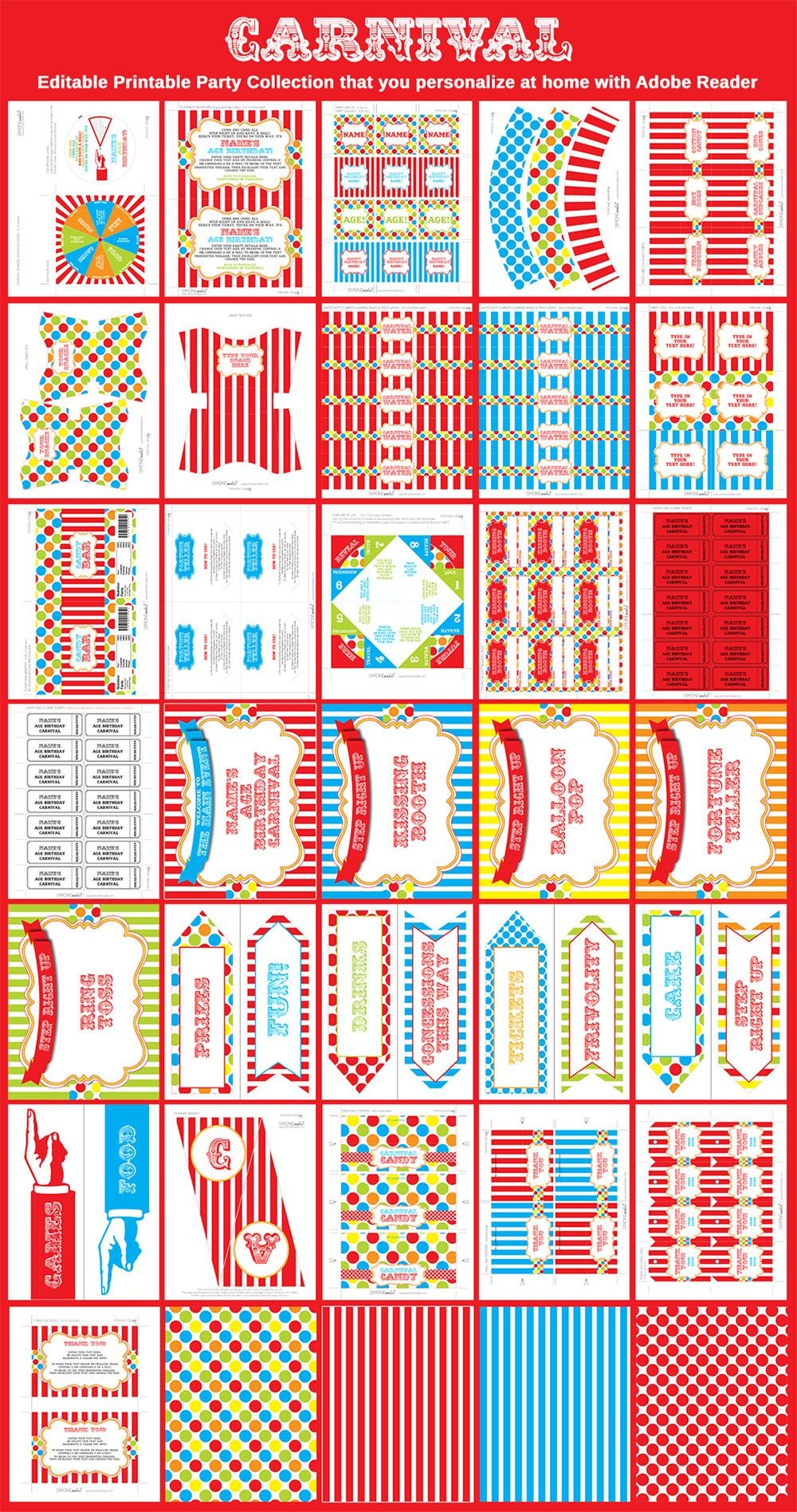 Carnival Party Printables, Invitations &amp;amp; Decorations – Colorful - Free Printable Carnival Decorations