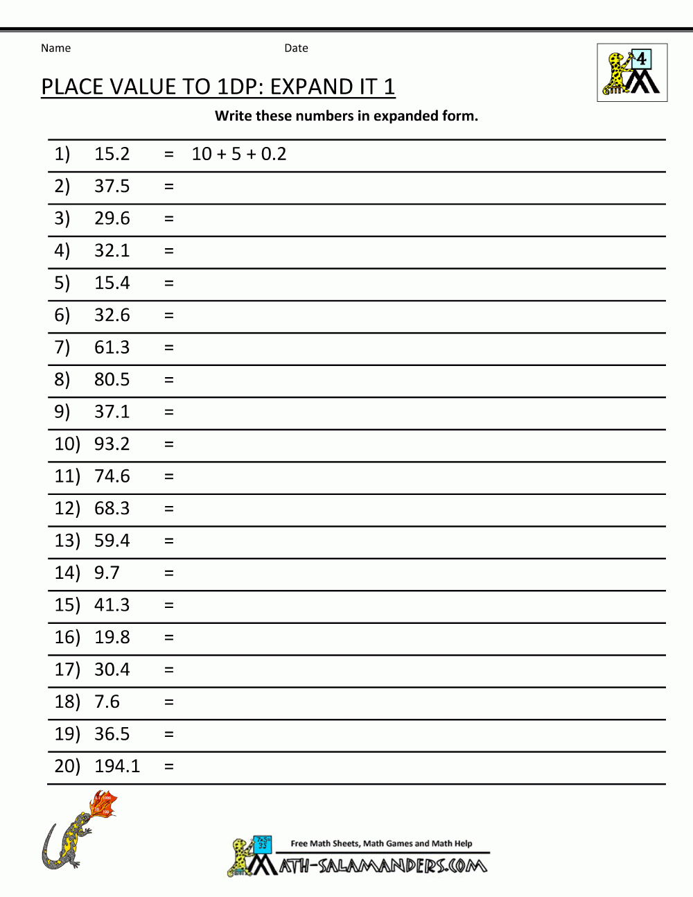 Decimal Place Value Worksheets 4Th Grade - Free Printable Expanded Notation Worksheets