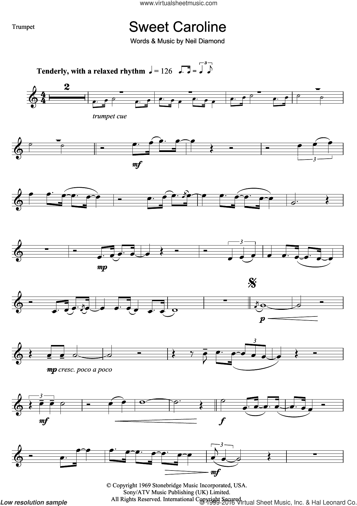 Diamond - Sweet Caroline Sheet Music For Trumpet Solo [Pdf] - Free Printable Sheet Music For Trumpet