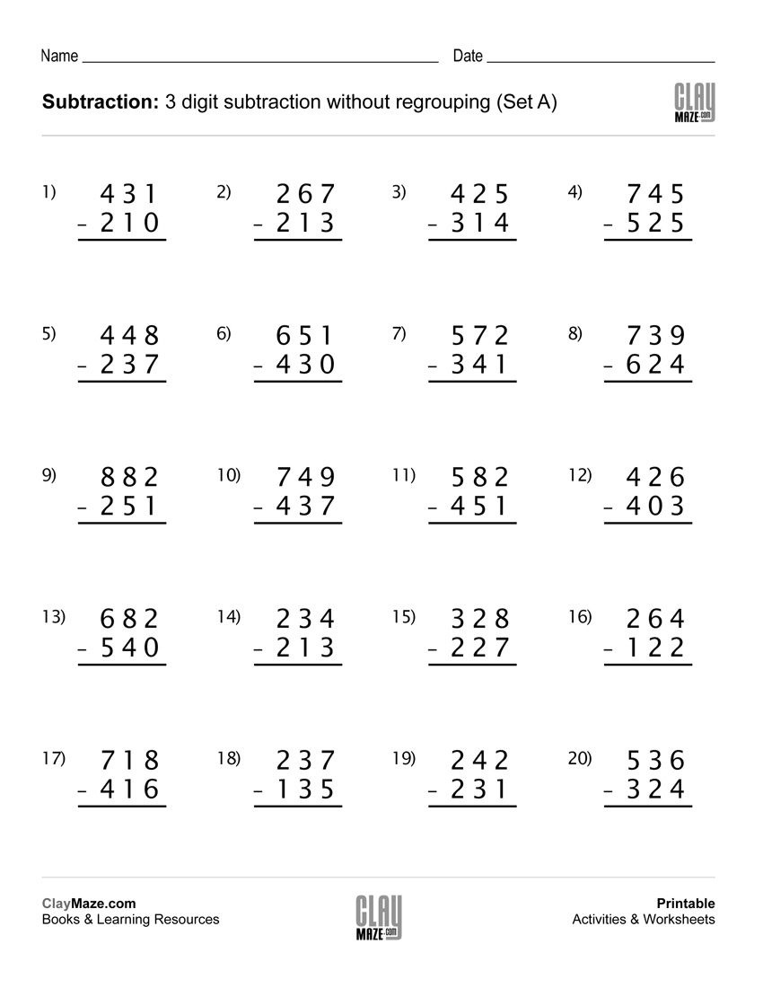 Download Our Free Printable 3 Digit Subtraction Worksheet With No - Free Printable Subtraction Worksheets