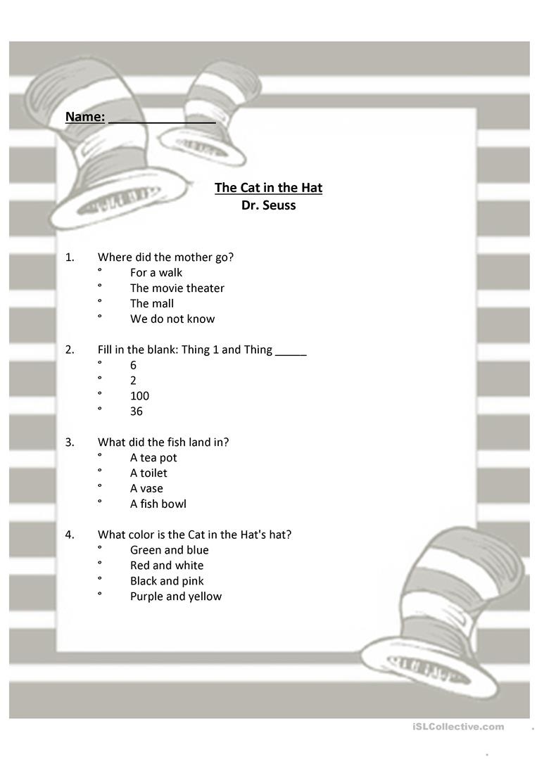 Dr Seuss - The Cat In The Hat Worksheet - Free Esl Printable - Cat In The Hat Free Printable Worksheets