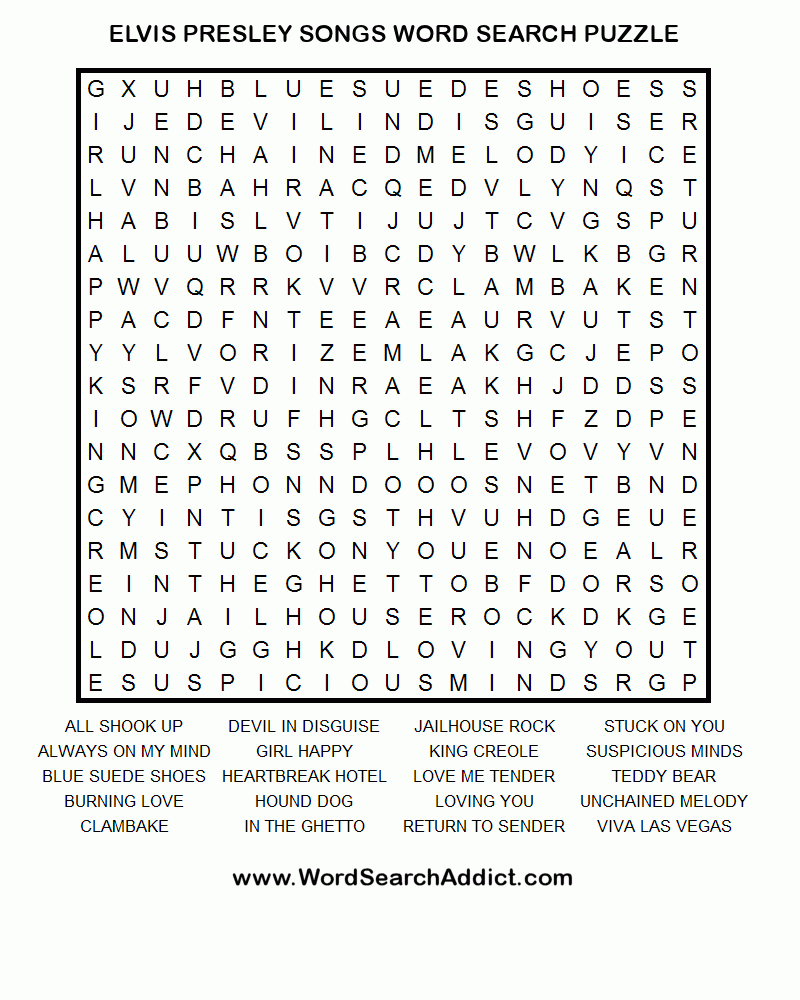 Elvis Songs Printable Word Search Puzzle - Free Printable Word Puzzles