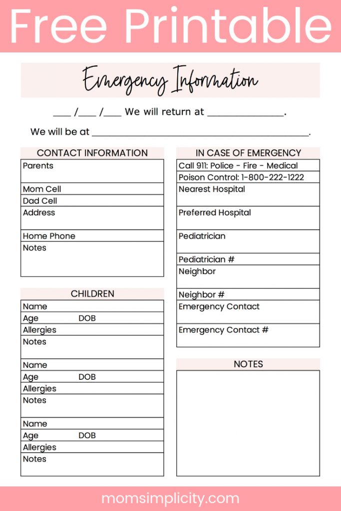 Emergency Contact Sheet Printable Great For The Nanny Forms Editable 