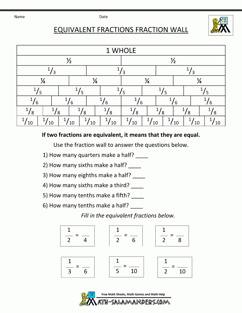 Equivalent Fractions Worksheet - Free Printable First Grade Fraction Worksheets