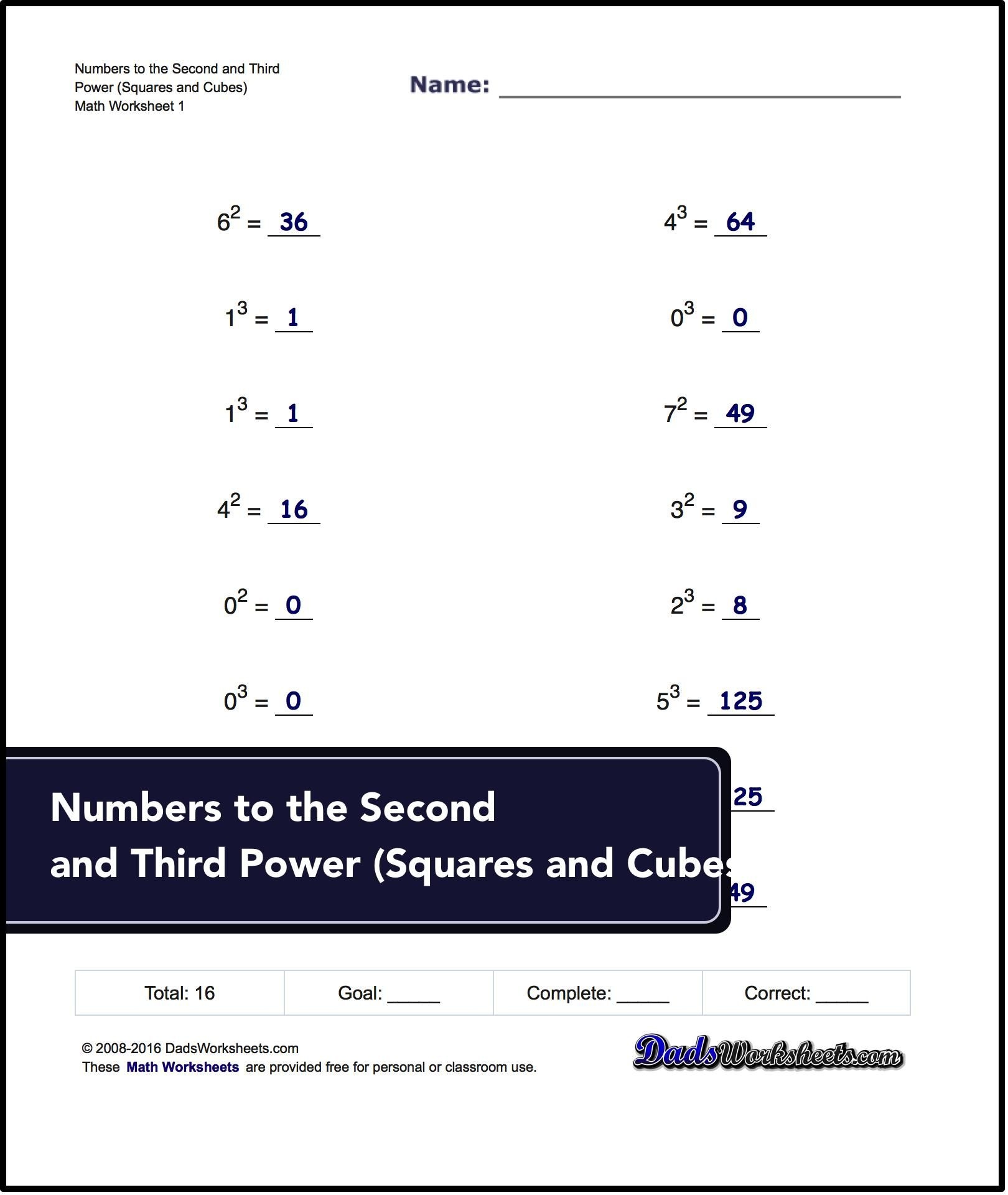 Exponents Free Worksheet Printable