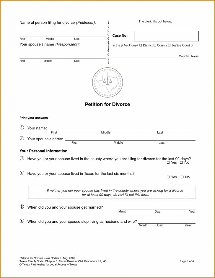 Free Printable Divorce Forms Texas