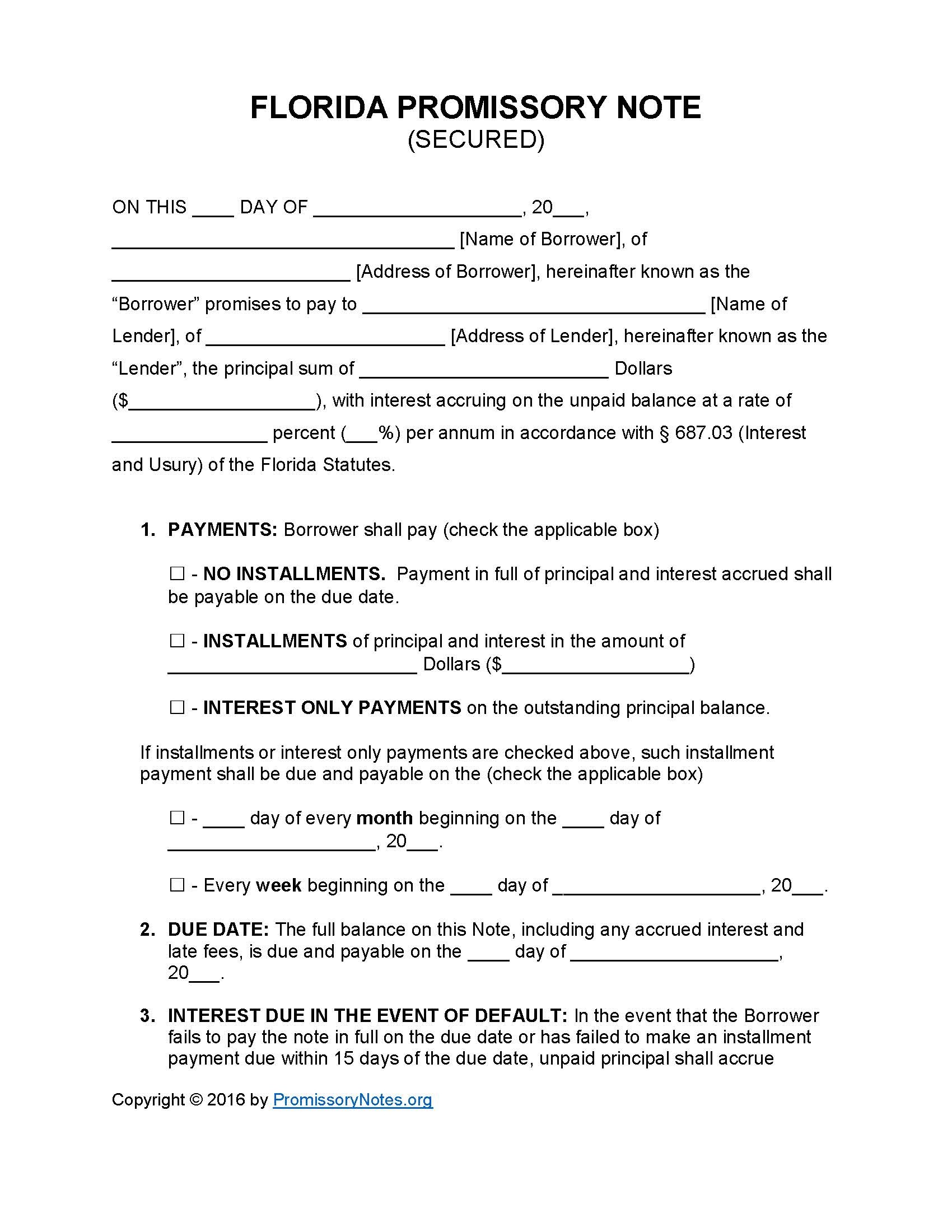 Florida Secured Promissory Note Template - Promissory Notes - Free Promissory Note Printable Form
