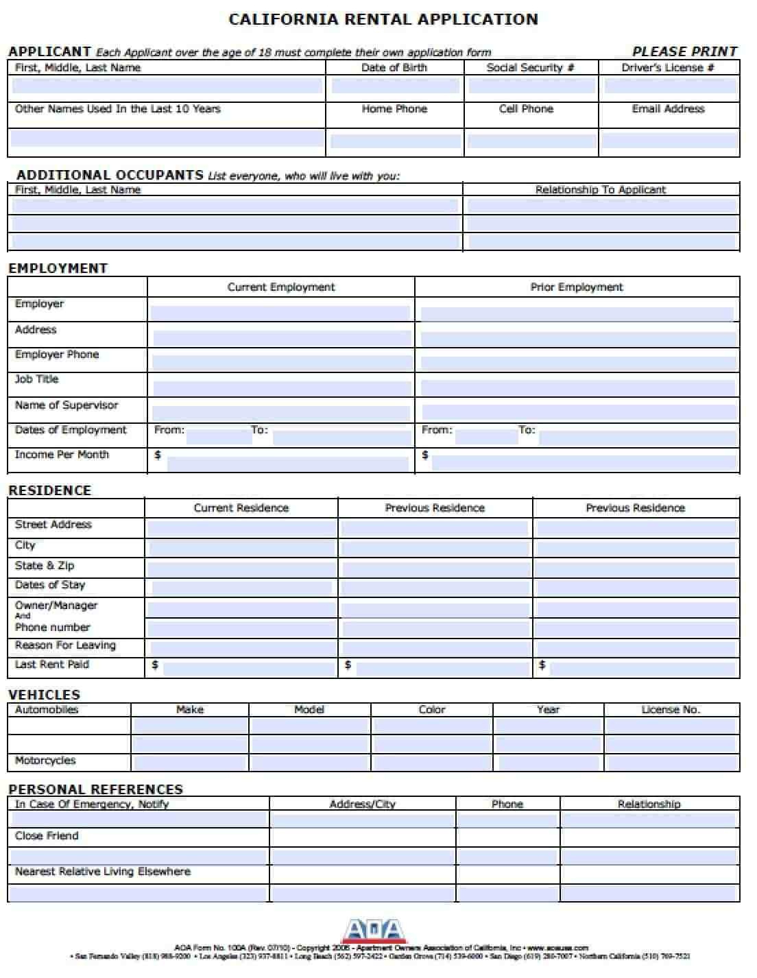 Free Printable Rental Application California