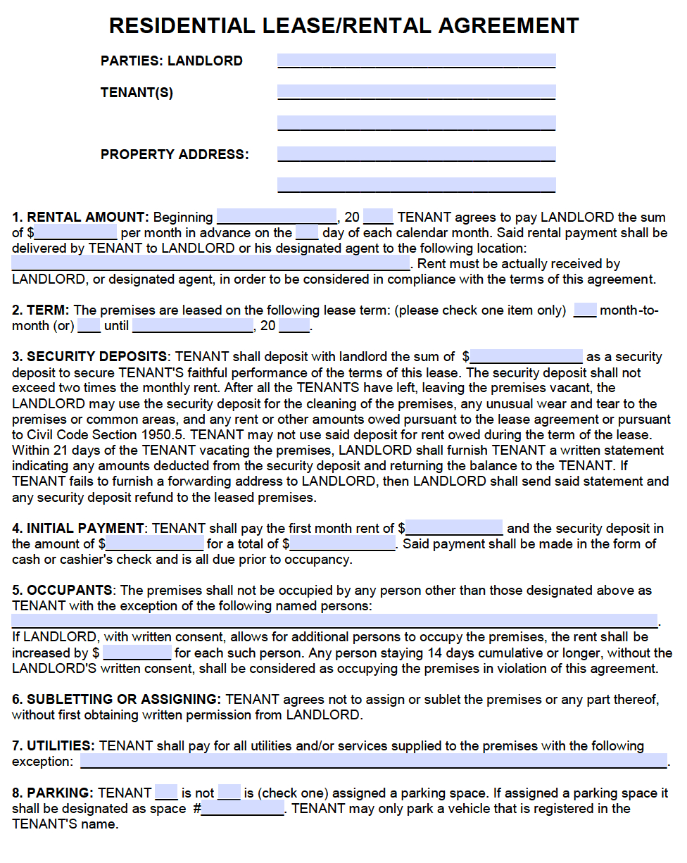 free printable california residential lease agreement