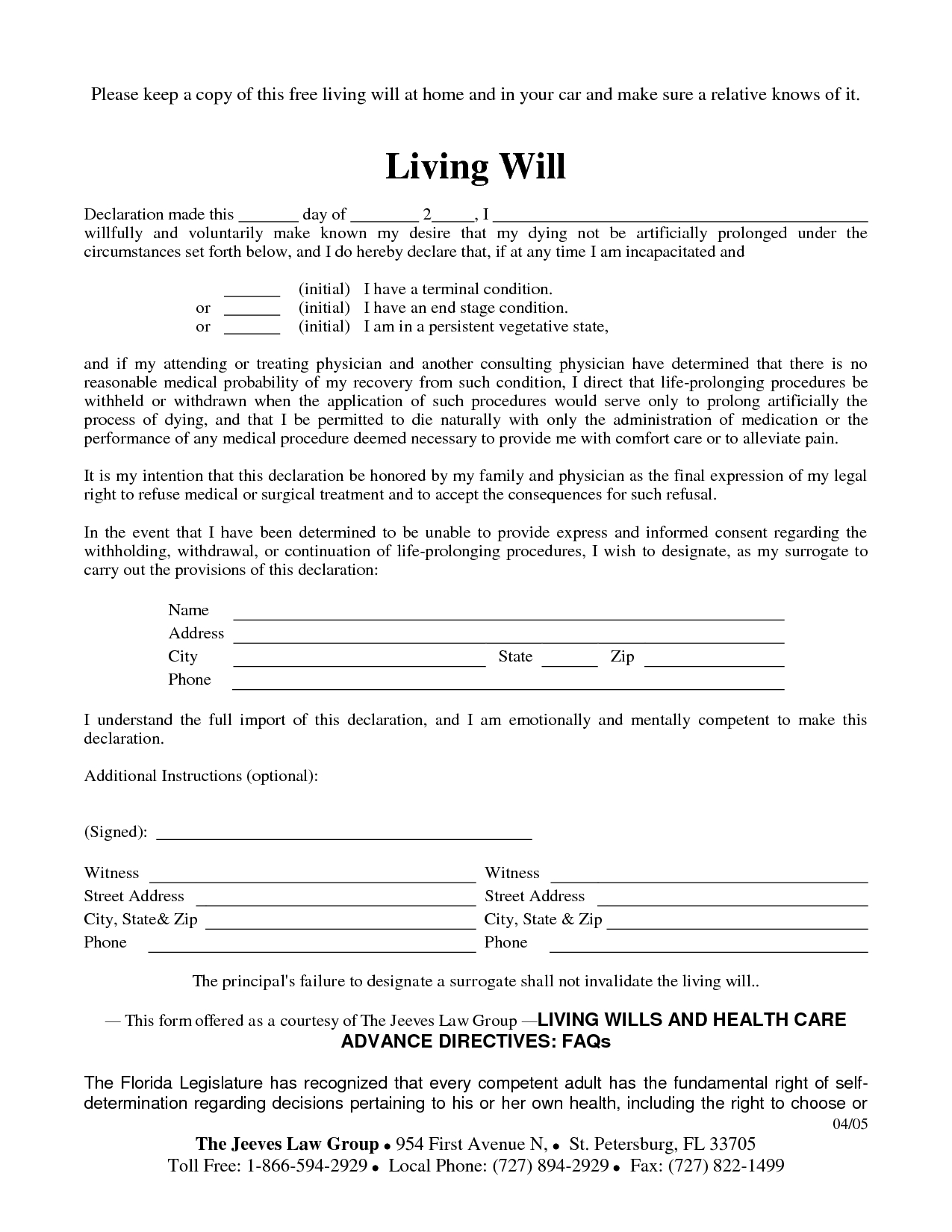 Free Living Will Forms (Advance Directive) Medical Poa Pdf Free