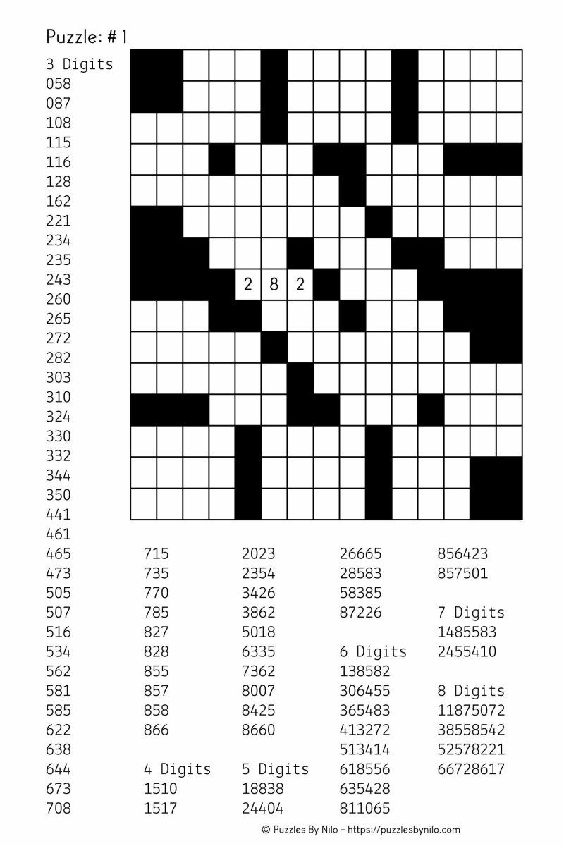 Free Downloadable Number Fill In Puzzle # 001 Get Yours Now Free