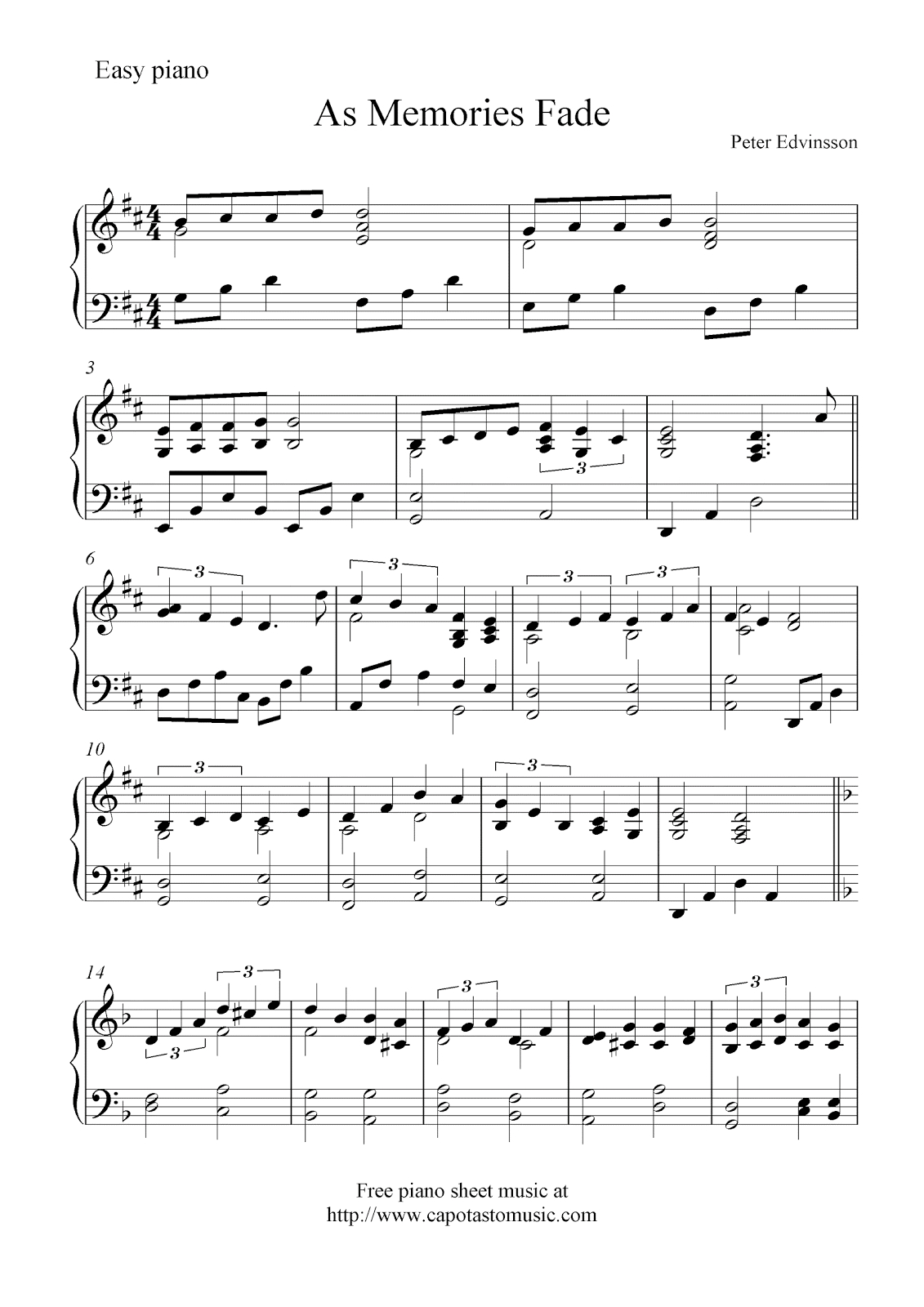 Free Easy Piano Sheet Music, As Memories Fadepeter Edvinsson - Free Printable Classical Sheet Music For Piano