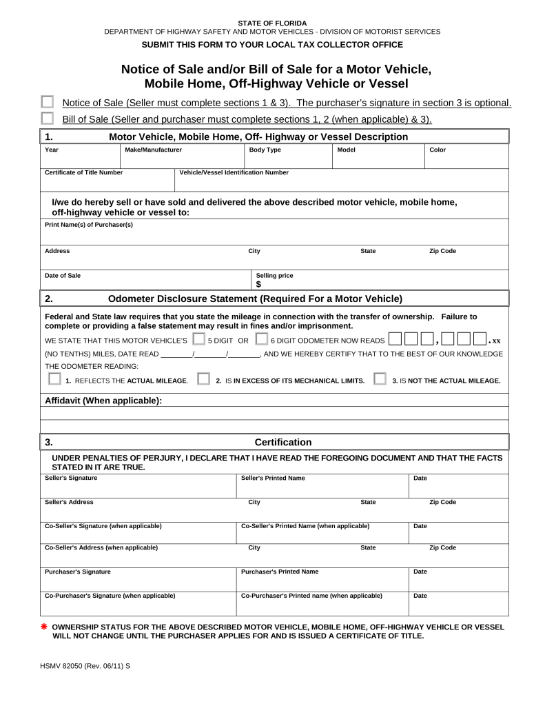 Free Florida Bill Of Sale Forms - Pdf | Eforms – Free Fillable Forms - Free Printable Bill Of Sale For Mobile Home