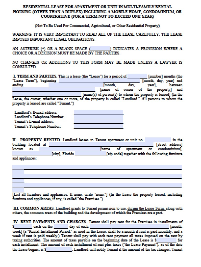 Printable Florida Lease Agreement Template