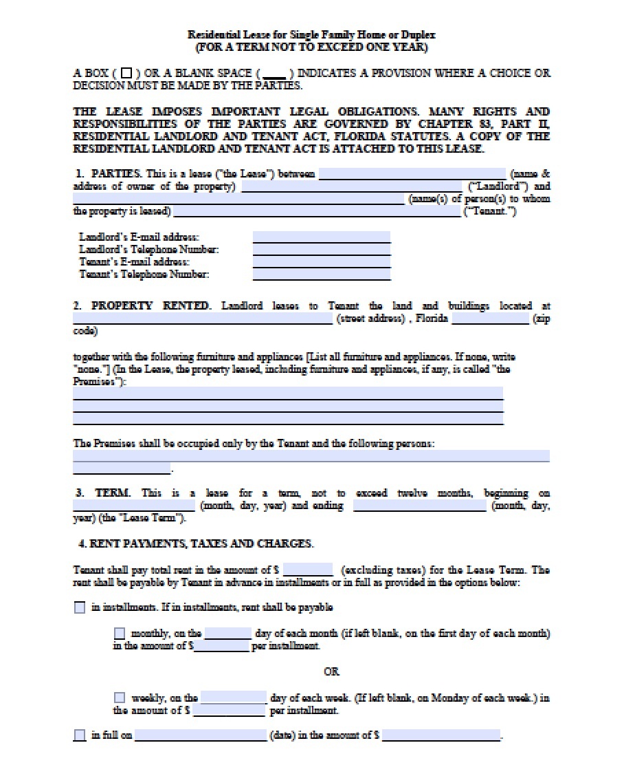 Printable Florida Residential Lease Agreement Fillable