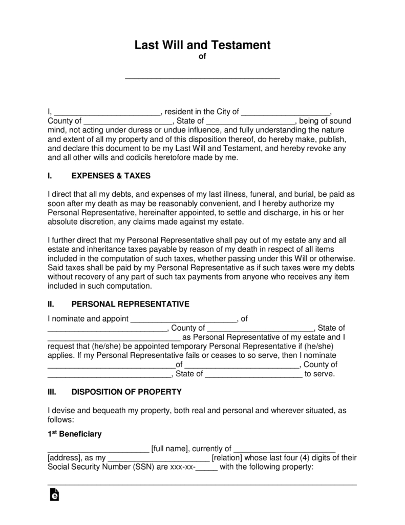 Free Last Will And Testament Templates - A “Will” - Pdf | Word - Free Printable Will Forms