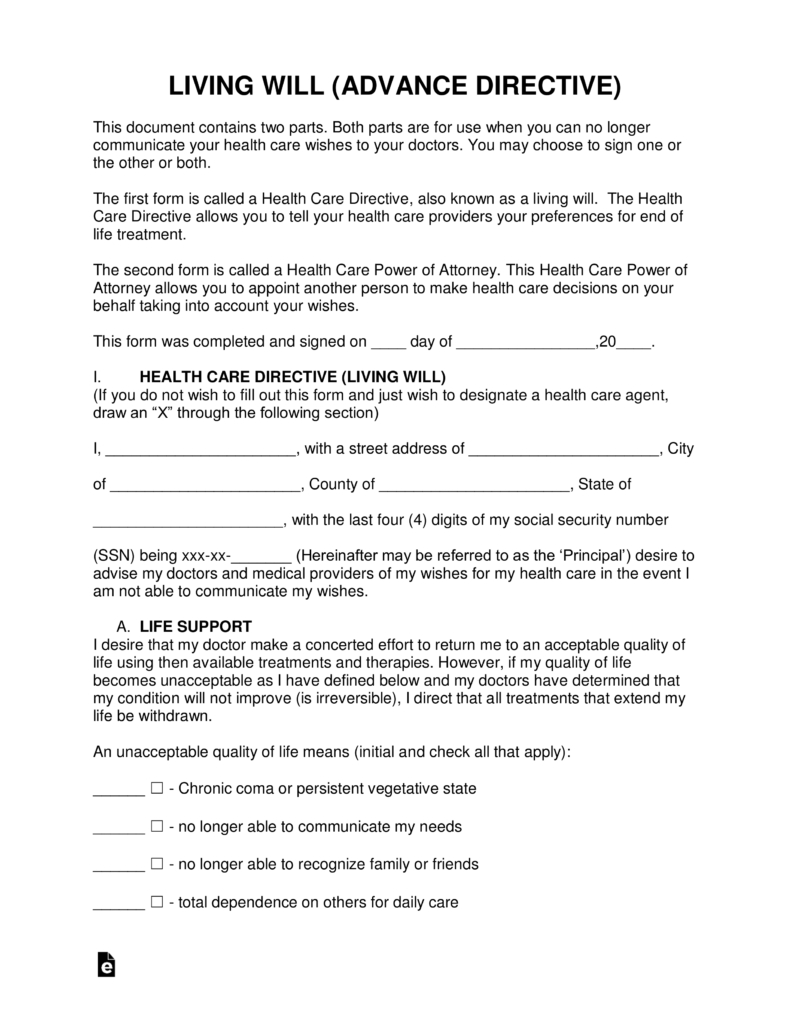 Free Living Will Forms (Advance Directive) | Medical Poa - Pdf - Living Will Forms Free Printable