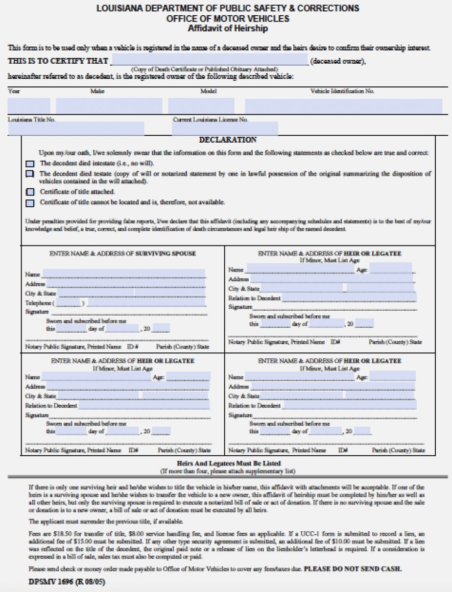 Free Louisiana Affidavit Of Heirship (Vehicles Only) Form | Pdf - Free Printable Divorce Papers For Louisiana