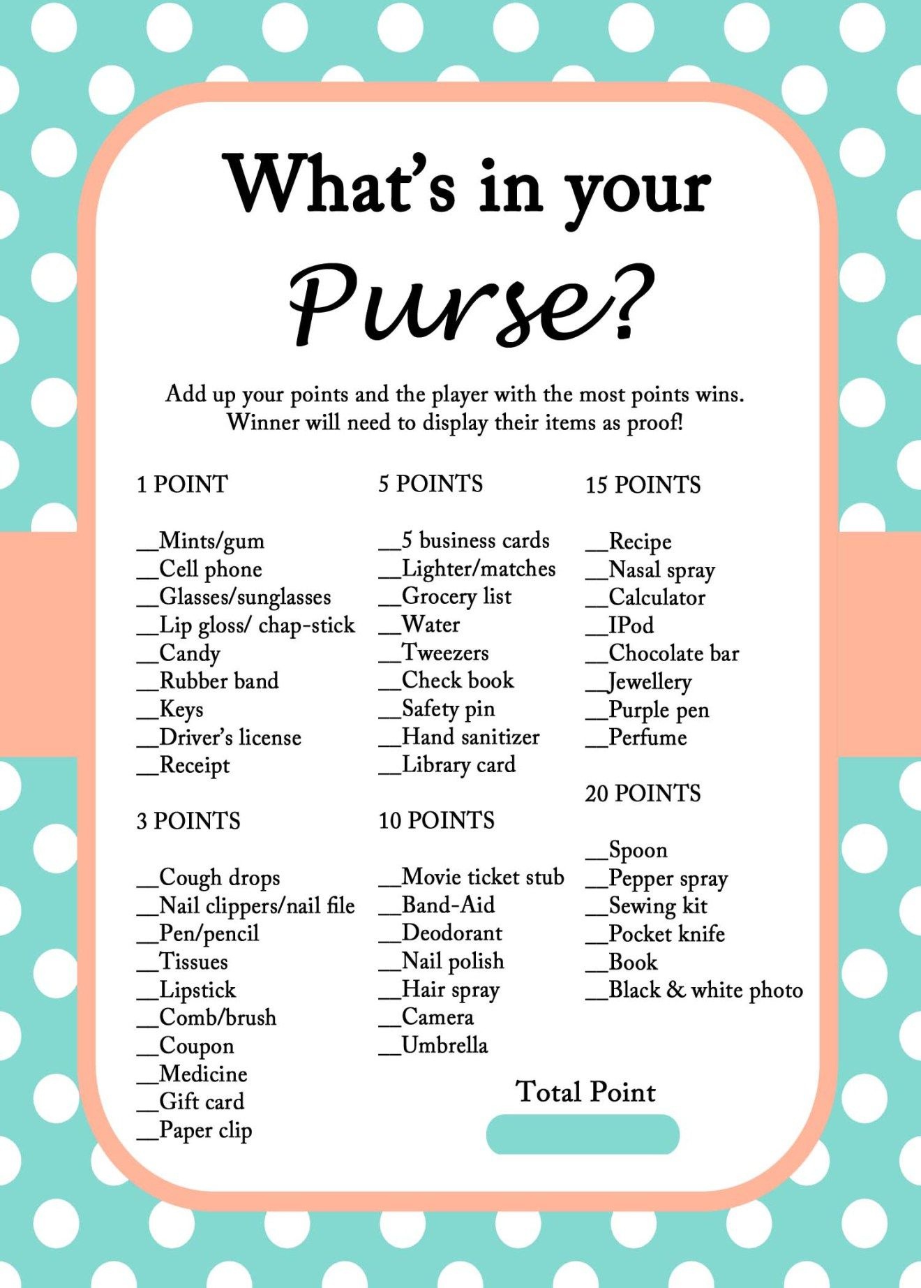 Free Mint Bridal Shower Game Printables | Nicolle | Bridal Shower - Free Printable Baby Shower Game What&amp;#039;s In Your Purse
