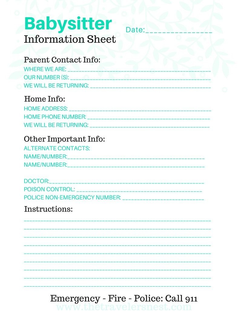 Free Printable: Babysitter Info Sheet | Note To Self | Free - Free Printable Parent Information Sheet