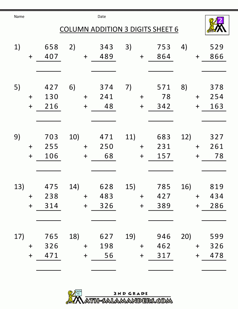 Free-Printable-Math-Worksheets-Column-Addition-3-Digits-6.gif (1000 - Free Printable Addition Worksheets