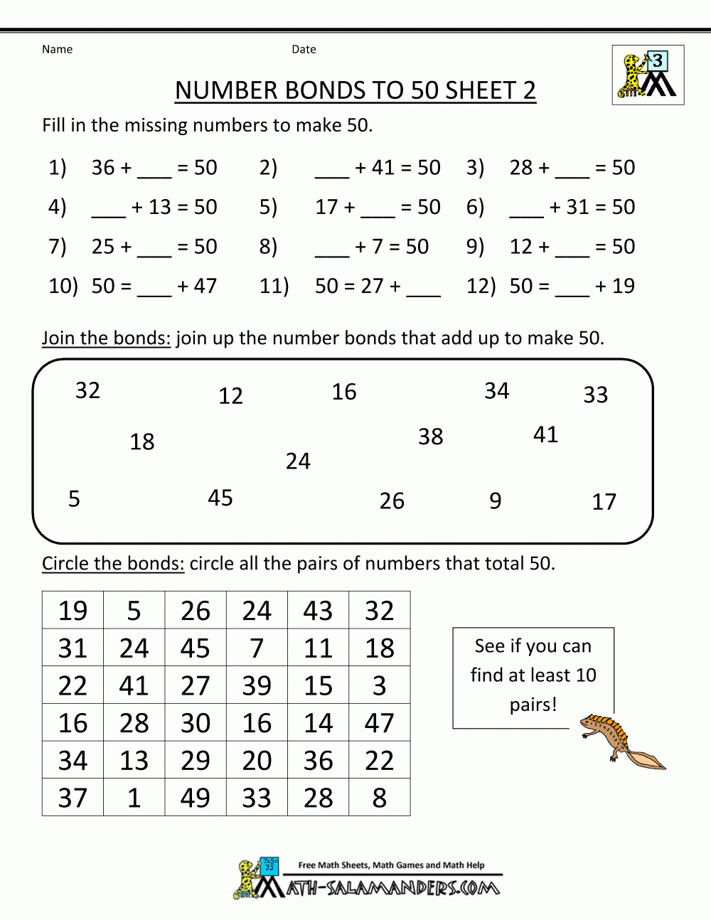 Free Printable Math Worksheets Number Bonds To 50 2 | Education - Free Printable Number Bonds Worksheets For Kindergarten