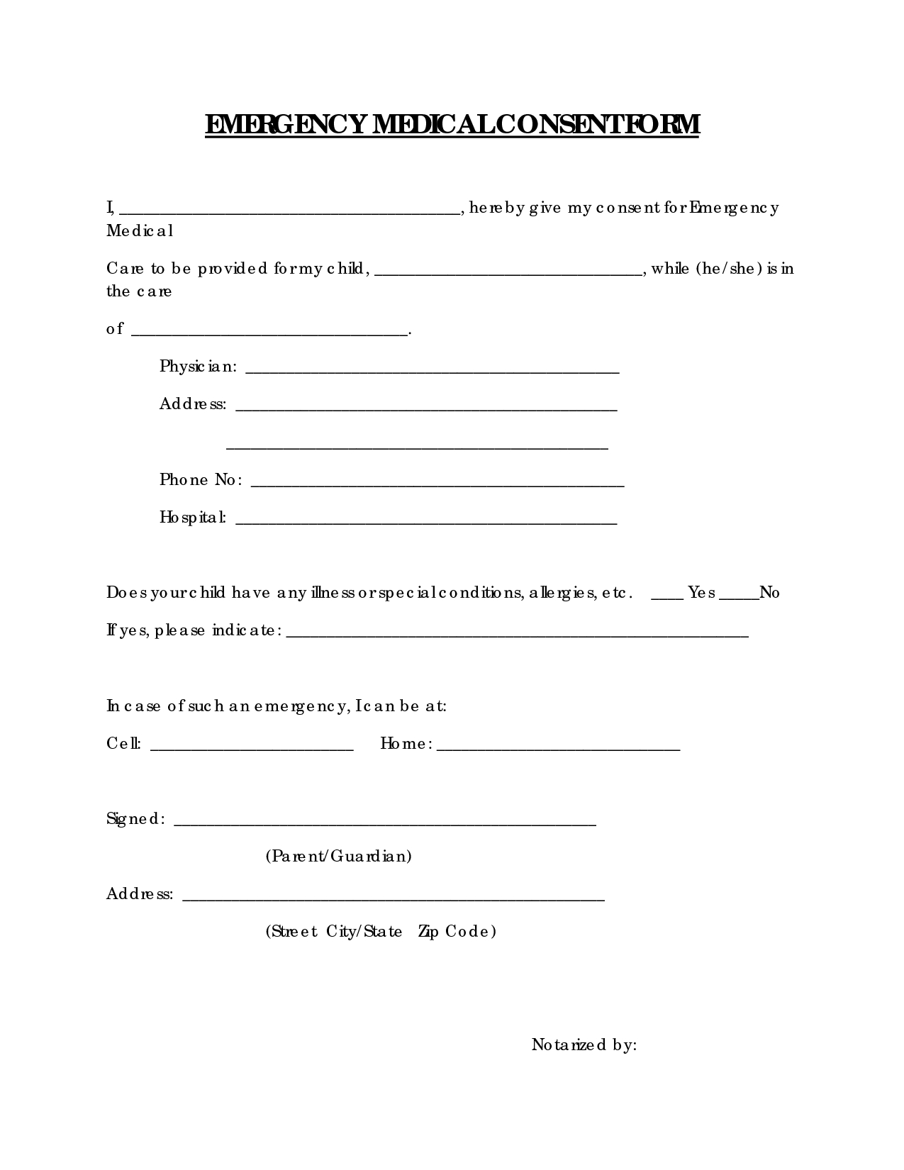 Free Printable Medical Consent Form | Emergency Medical Consent Form - Free Printable Medical Forms Kit