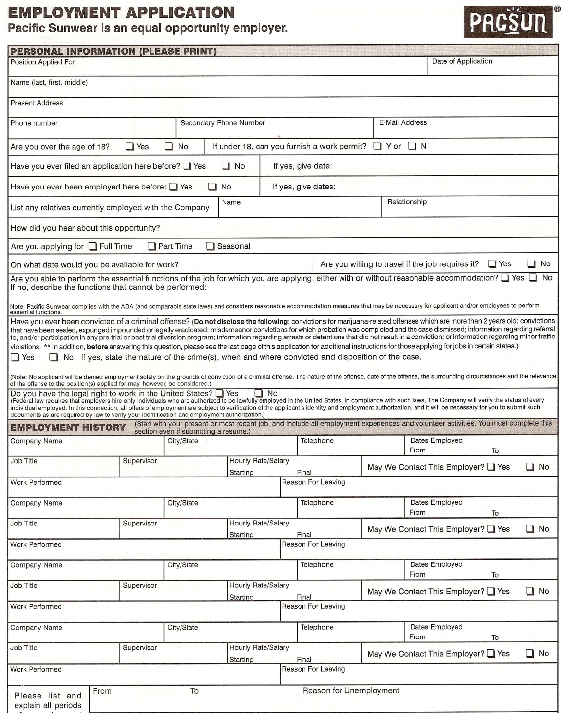 Free Printable Pacsun Job Application Form - Free Printable Job Application Form Pdf