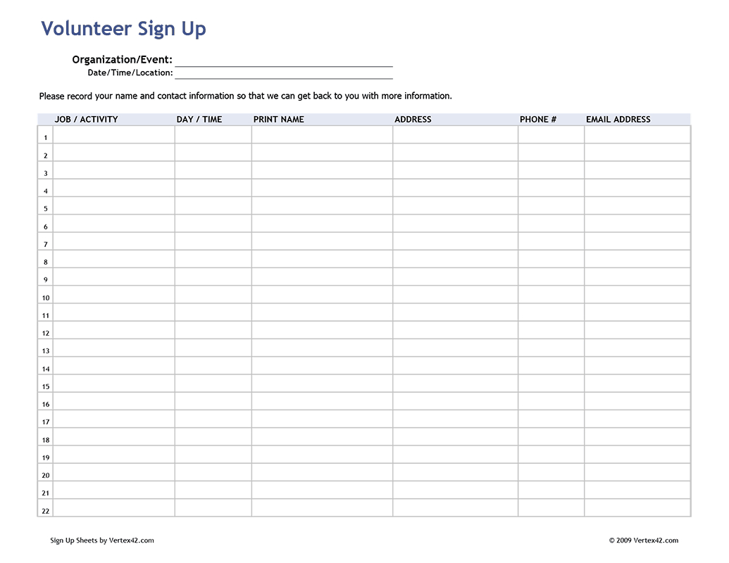 Free Printable Volunteer Sign Up Sheet (Pdf) From Vertex42 | For - Free Printable Volunteer Forms
