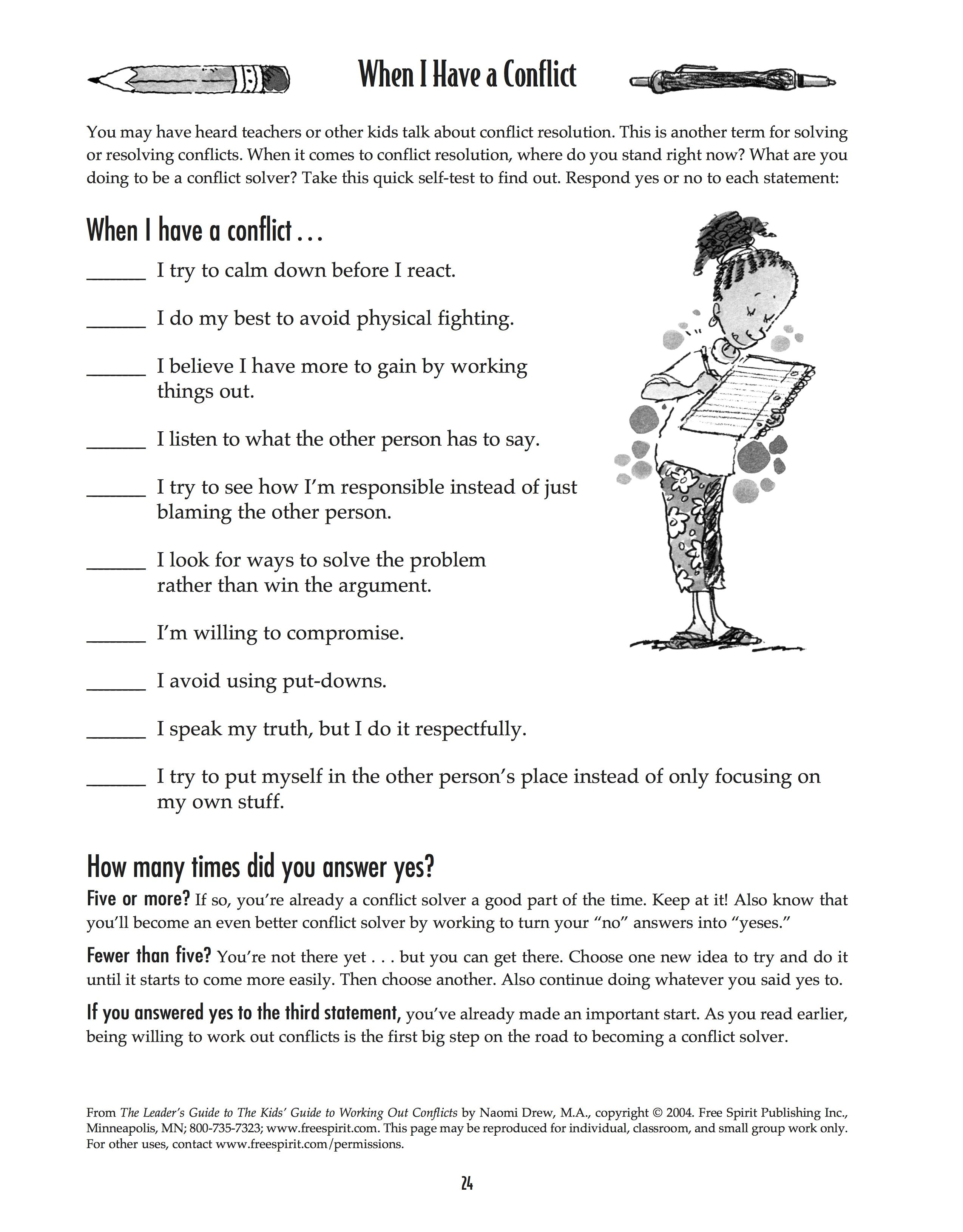 Free Printable Worksheet: When I Have A Conflict. A Quick Self-Test - Free Printable Coping Skills Worksheets