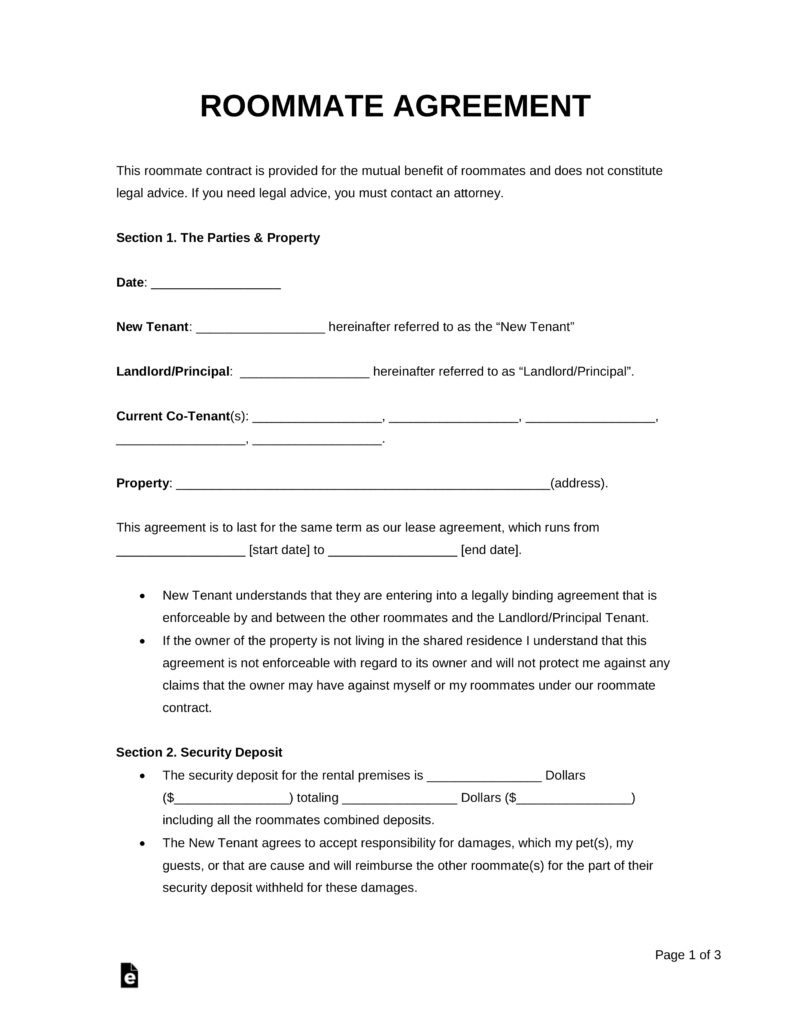 Free Printable Roommate Rental Agreement Free Printable